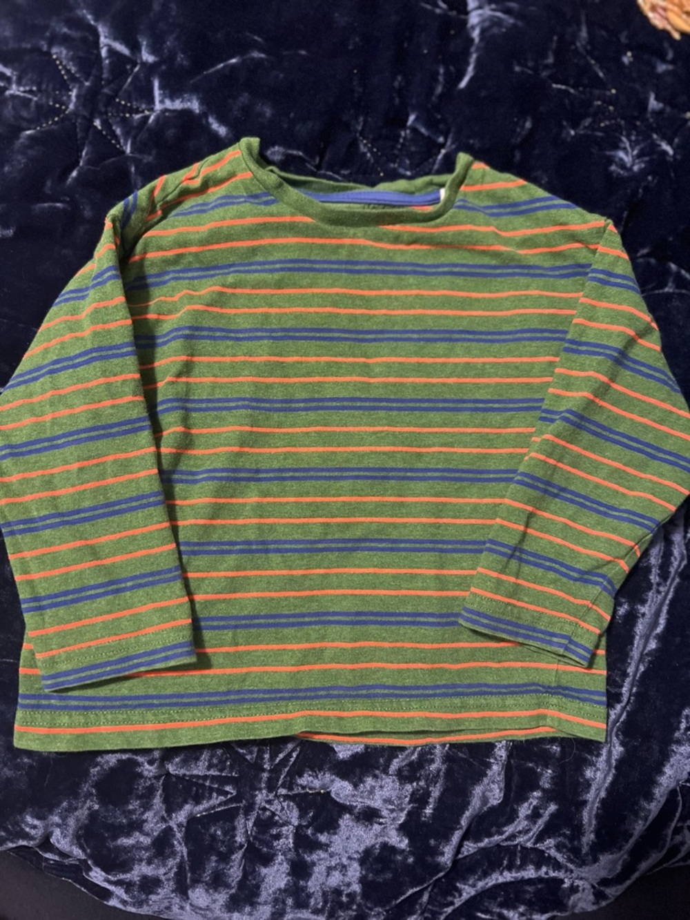 Mini Boden Green Long-Sleeve Tee with Orange & Blue Stripes